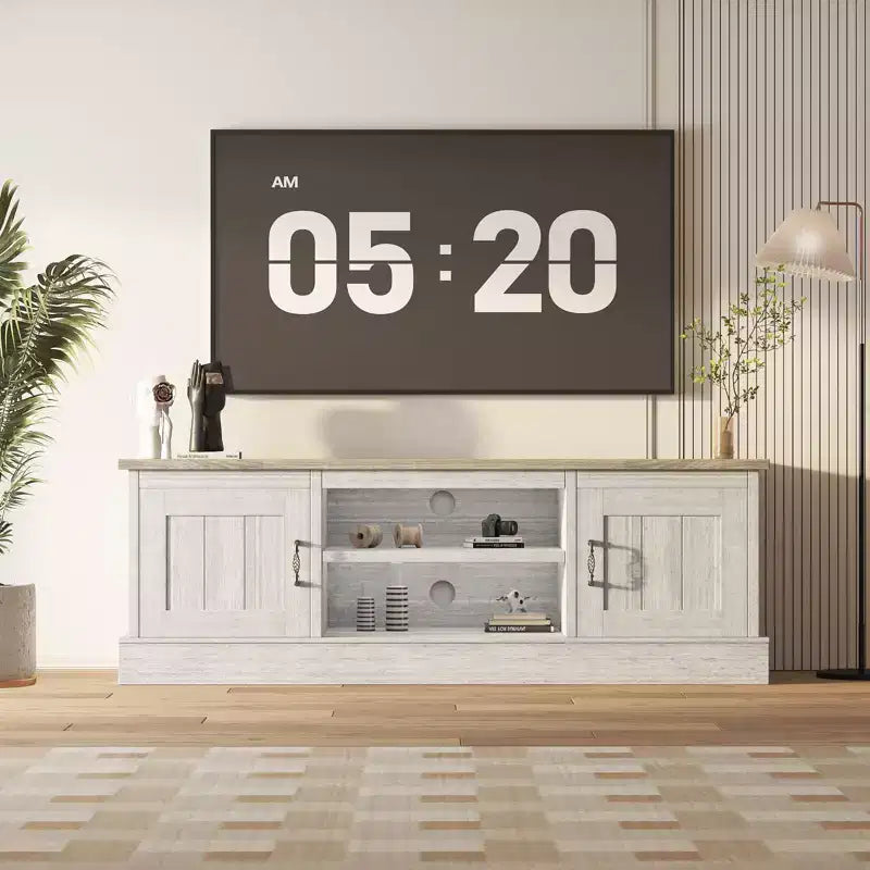 Acekool Farmhouse TV Stand for 65 Inch TVs, Media Console, Living Room or Office Entertainment Center with 2 Storage Cabinets and Open Shelves