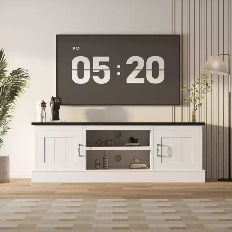 Farmhouse TV Stand for 65 Inch TVs, Media Console, Living Room or Office Entertainment Center with 2 Storage Cabinets and Open Shelves