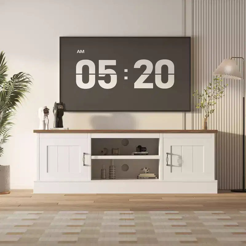 Farmhouse TV Stand for 65 Inch TVs, Media Console, Living Room or Office Entertainment Center with 2 Storage Cabinets and Open Shelves