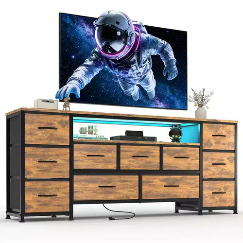 11-Drawer Dressing Table with a Power Outlet and LED Lights, 63 TV Stand, Entertainment Center with Storage, Suitable for Living Rooms and Bedrooms