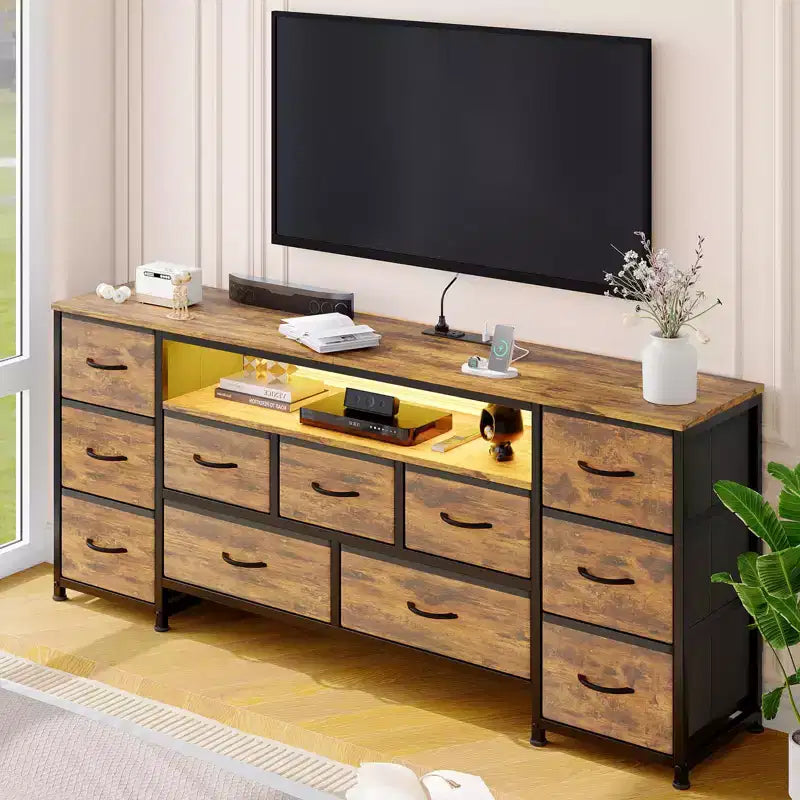 11-Drawer Dressing Table with a Power Outlet and LED Lights, 63 TV Stand, Entertainment Center with Storage, Suitable for Living Rooms and Bedrooms