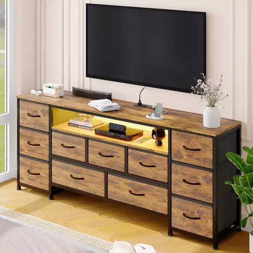 11-Drawer Dressing Table with a Power Outlet and LED Lights, 63 TV Stand, Entertainment Center with Storage, Suitable for Living Rooms and Bedrooms