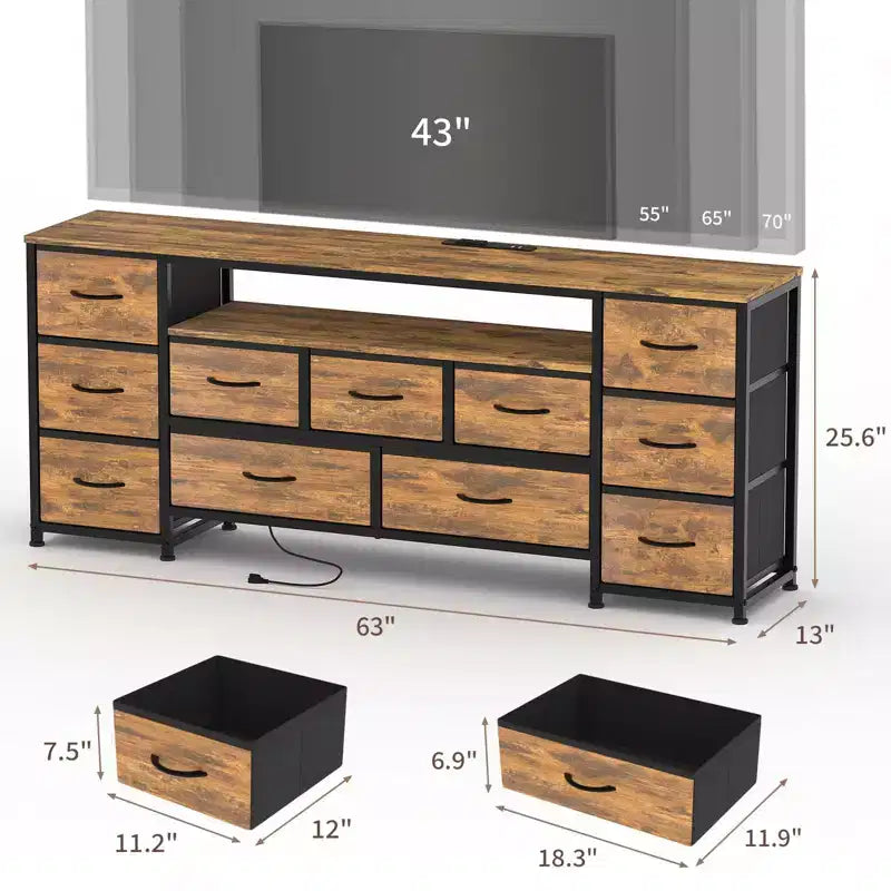 11-Drawer Dressing Table with a Power Outlet and LED Lights, 63 TV Stand, Entertainment Center with Storage, Suitable for Living Rooms and Bedrooms