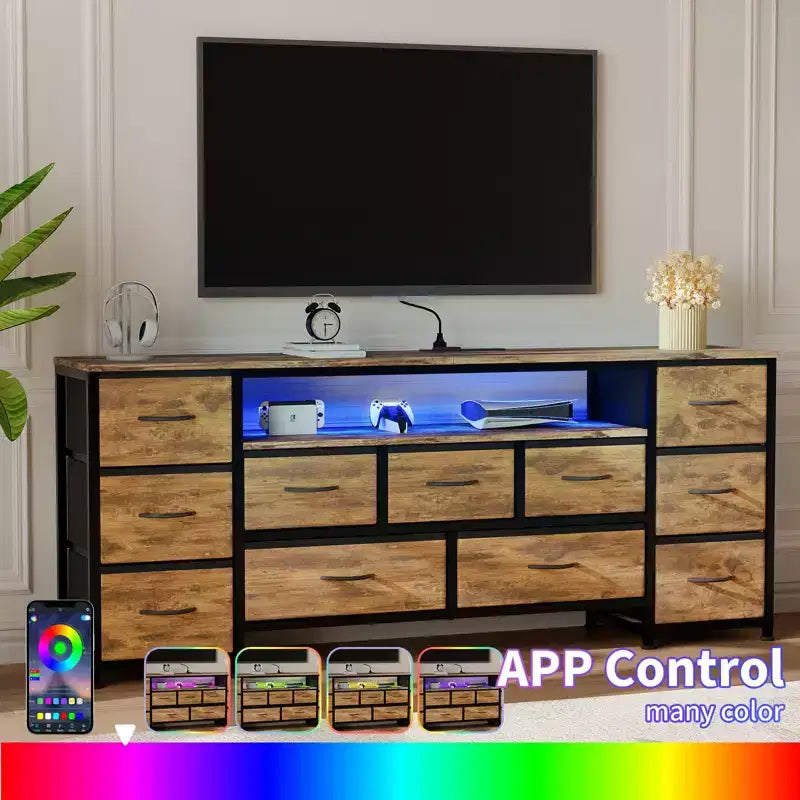 11-Drawer Dressing Table with a Power Outlet and LED Lights, 63 TV Stand, Entertainment Center with Storage, Suitable for Living Rooms and Bedrooms