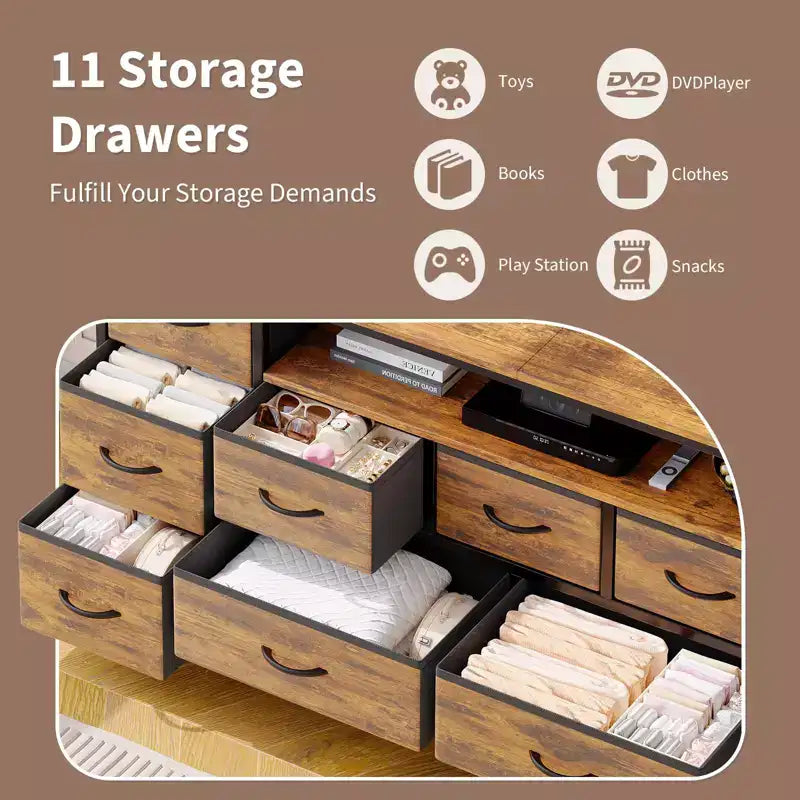 11-Drawer Dressing Table with a Power Outlet and LED Lights, 63 TV Stand, Entertainment Center with Storage, Suitable for Living Rooms and Bedrooms