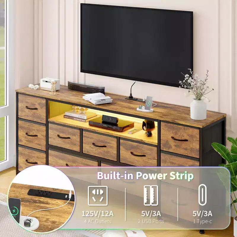Tocador de 11 cajones con toma de corriente y luces LED, mueble para TV de 63", centro de entretenimiento con almacenamiento, adecuado para salas de estar y dormitorios