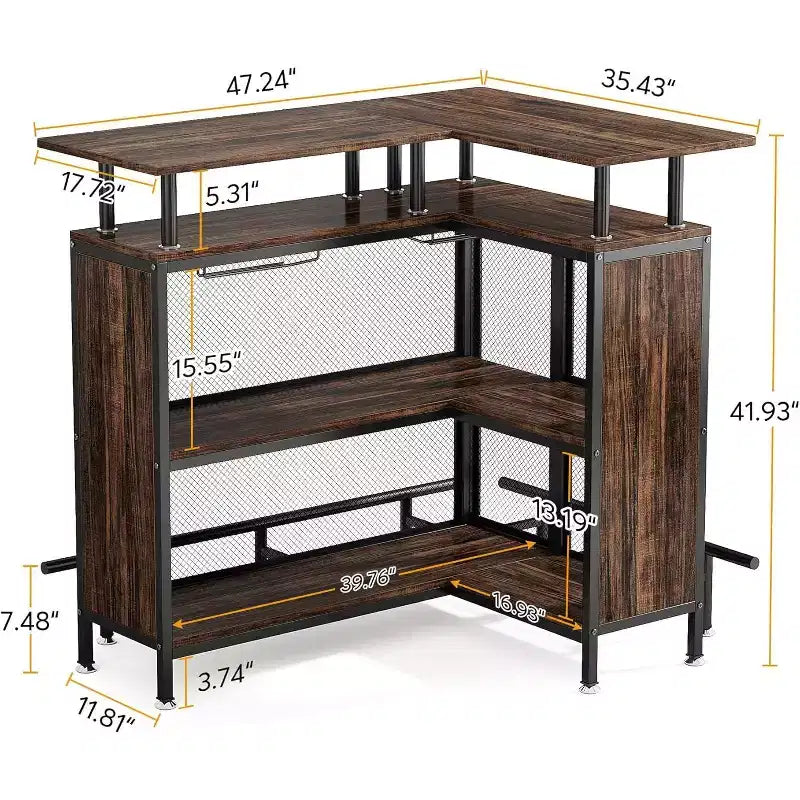 Mueble de bar para el hogar: en forma de L con estantes para copas, estantes de 2 niveles, mini gabinete esquinero, reposapiés, marrón rústico, adecuado para el hogar/cocina/bar.