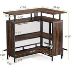 Mueble de bar para el hogar: en forma de L con estantes para copas, estantes de 2 niveles, mini gabinete esquinero, reposapiés, marrón rústico, adecuado para el hogar/cocina/bar.