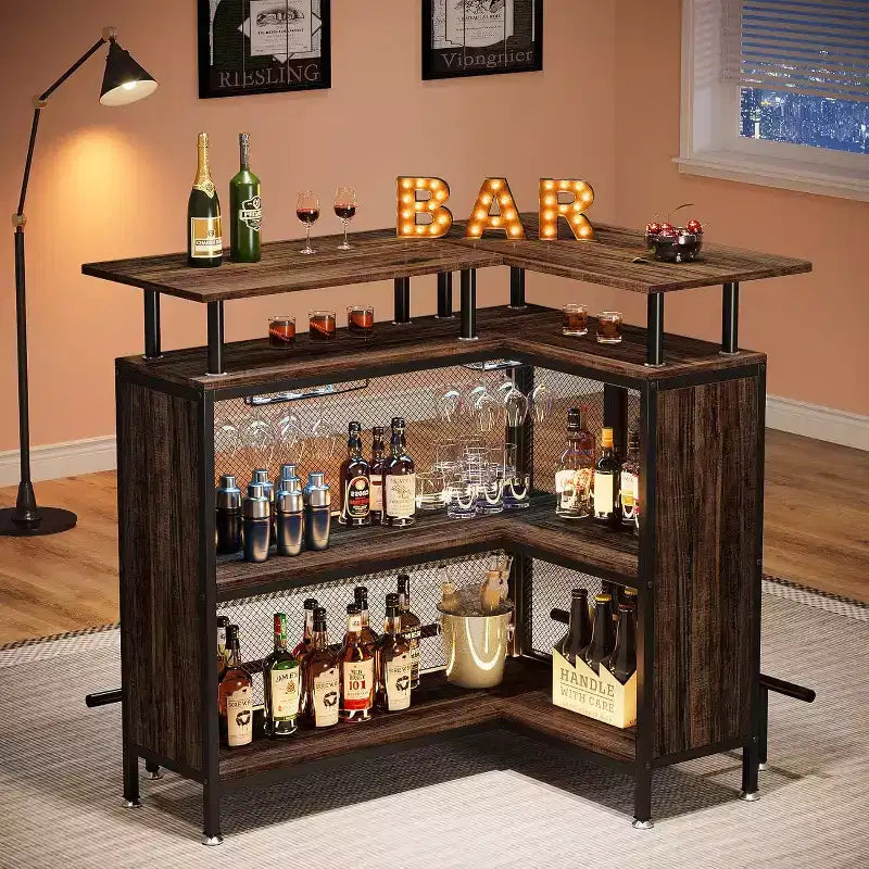 Mueble de bar para el hogar: en forma de L con estantes para copas, estantes de 2 niveles, mini gabinete esquinero, reposapiés, marrón rústico, adecuado para el hogar/cocina/bar.
