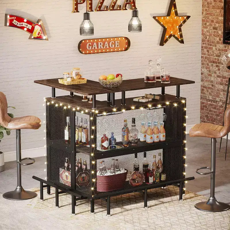 Mueble de bar para el hogar: en forma de L con estantes para copas, estantes de 2 niveles, mini gabinete esquinero, reposapiés, marrón rústico, adecuado para el hogar/cocina/bar.