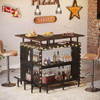 Mueble de bar para el hogar: en forma de L con estantes para copas, estantes de 2 niveles, mini gabinete esquinero, reposapiés, marrón rústico, adecuado para el hogar/cocina/bar.