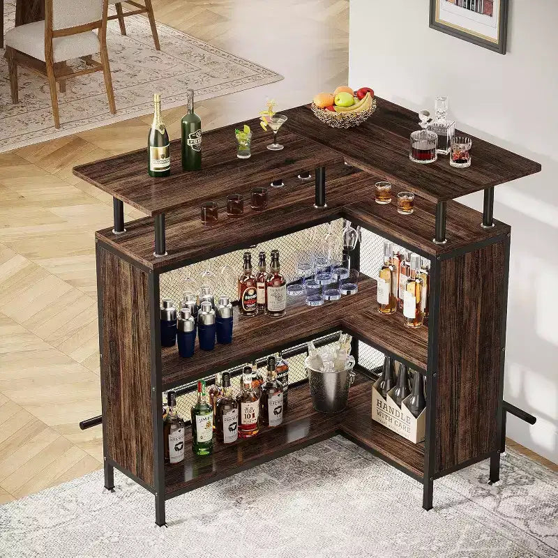 Mueble de bar para el hogar: en forma de L con estantes para copas, estantes de 2 niveles, mini gabinete esquinero, reposapiés, marrón rústico, adecuado para el hogar/cocina/bar.