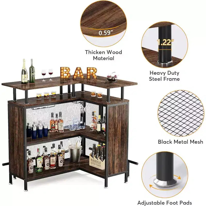 Mueble de bar para el hogar: en forma de L con estantes para copas, estantes de 2 niveles, mini gabinete esquinero, reposapiés, marrón rústico, adecuado para el hogar/cocina/bar.