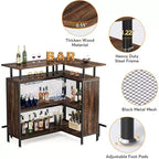 Mueble de bar para el hogar: en forma de L con estantes para copas, estantes de 2 niveles, mini gabinete esquinero, reposapiés, marrón rústico, adecuado para el hogar/cocina/bar.