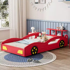 Cama de carreras de madera, cama de plataforma con forma de coche, tamaño individual, con ruedas para niños y niñas