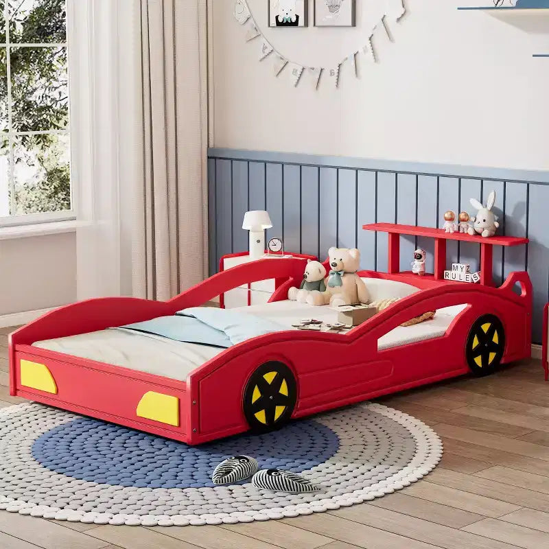 Cama de carreras de madera, cama de plataforma con forma de coche, tamaño individual, con ruedas para niños y niñas