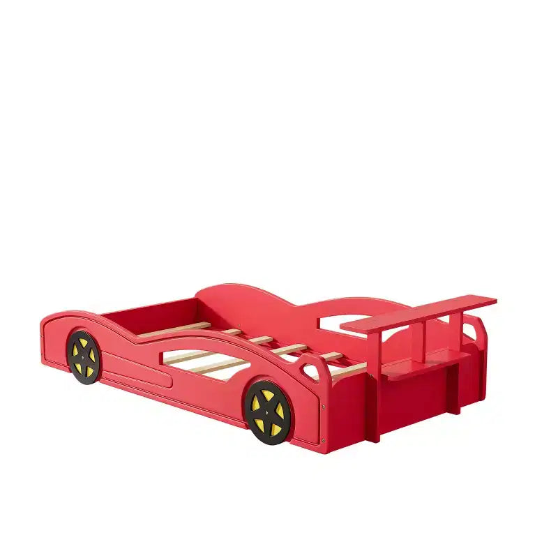 Cama de carreras de madera, cama de plataforma con forma de coche, tamaño individual, con ruedas para niños y niñas