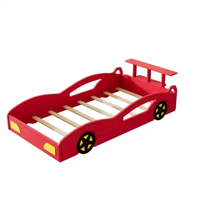 Cama de carreras de madera, cama de plataforma con forma de coche, tamaño individual, con ruedas para niños y niñas