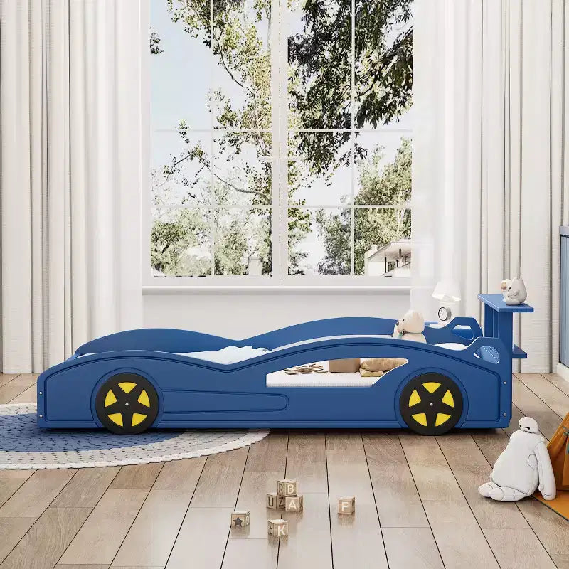 Cama de carreras de madera, cama de plataforma con forma de coche, tamaño individual, con ruedas para niños y niñas