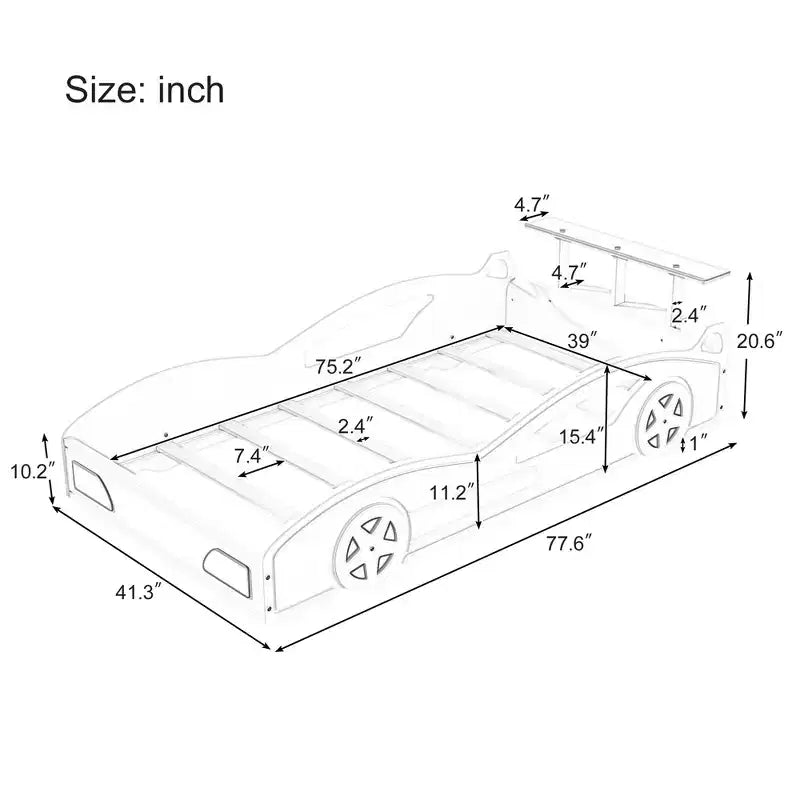 Wooden Race Car Bed, Twin Size Cute Car Shaped Platform Bed with Wheels for Boys and Girls