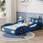 Cama de carreras de madera, cama de plataforma con forma de coche, tamaño individual, con ruedas para niños y niñas