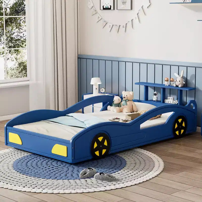 Wooden Race Car Bed, Twin Size Cute Car Shaped Platform Bed with Wheels for Boys and Girls