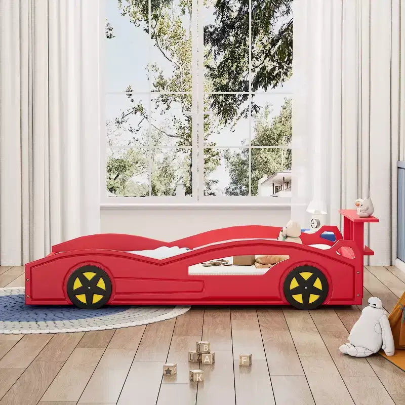 Cama de carreras de madera, cama de plataforma con forma de coche, tamaño individual, con ruedas para niños y niñas