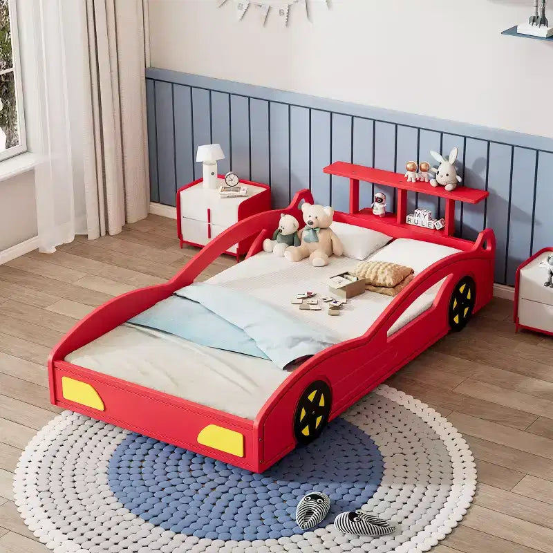 Wooden Race Car Bed, Twin Size Cute Car Shaped Platform Bed with Wheels for Boys and Girls