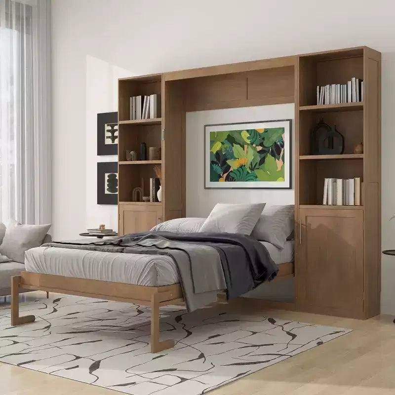 Queen Size Murphy Bed with Cabinets, Wooden Queen Cabinet Bed Wall Bed with Storage Shelves, Folding Wall Chest Bed for Bedroom Guest Room, Wood