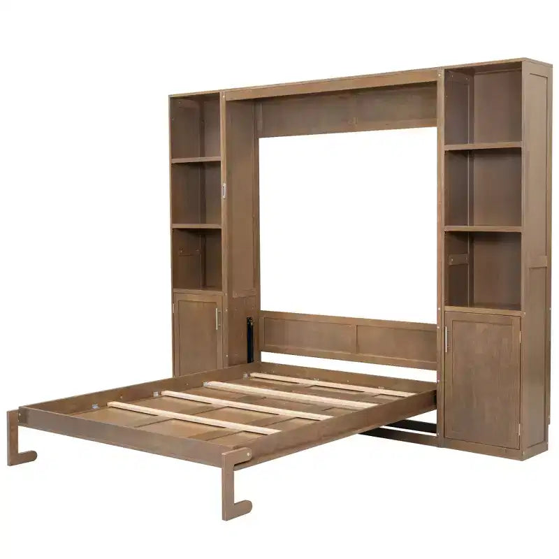 Cama Murphy tamaño queen con gabinetes, cama de gabinete de madera tamaño queen, cama de pared con estantes de almacenamiento, cama de baúl plegable para dormitorio, habitación de invitados, madera