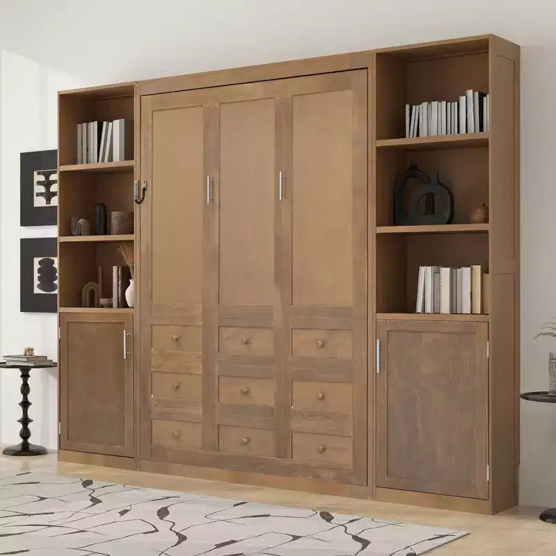 Cama Murphy tamaño queen con gabinetes, cama de gabinete de madera tamaño queen, cama de pared con estantes de almacenamiento, cama de baúl plegable para dormitorio, habitación de invitados, madera