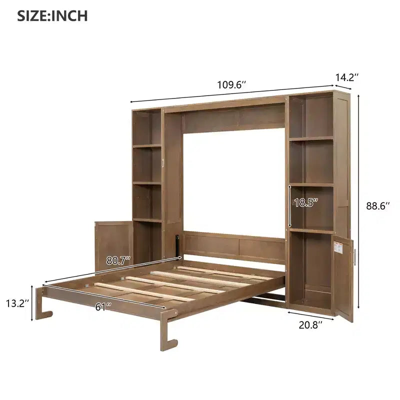 Queen Size Murphy Bed with Cabinets, Wooden Queen Cabinet Bed Wall Bed with Storage Shelves, Folding Wall Chest Bed for Bedroom Guest Room, Wood
