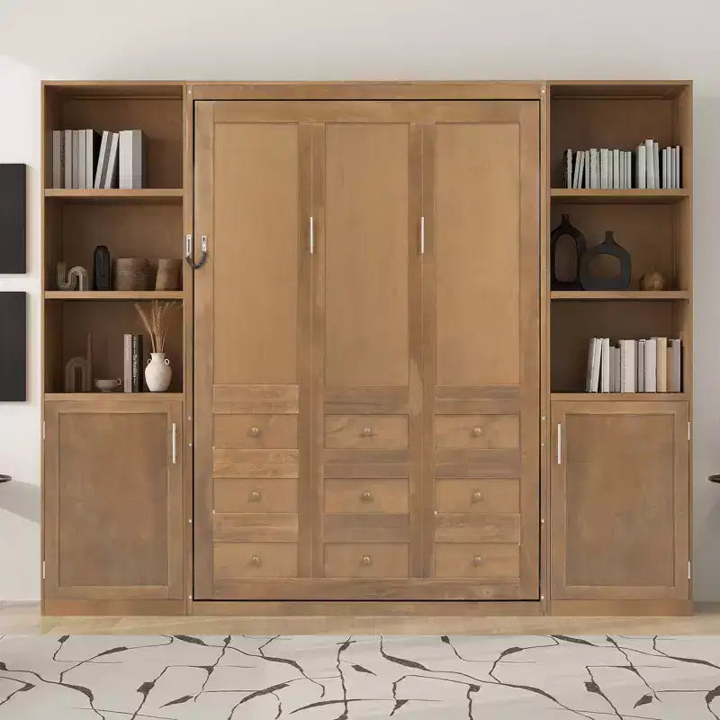 Queen Size Murphy Bed with Cabinets, Wooden Queen Cabinet Bed Wall Bed with Storage Shelves, Folding Wall Chest Bed for Bedroom Guest Room, Wood