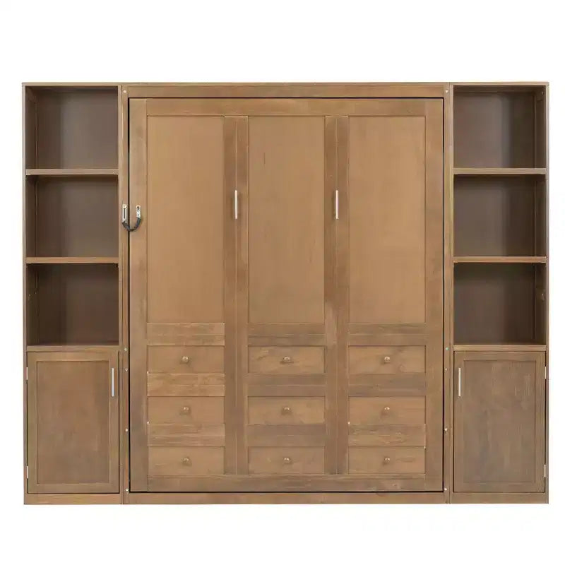 Queen Size Murphy Bed with Cabinets, Wooden Queen Cabinet Bed Wall Bed with Storage Shelves, Folding Wall Chest Bed for Bedroom Guest Room, Wood