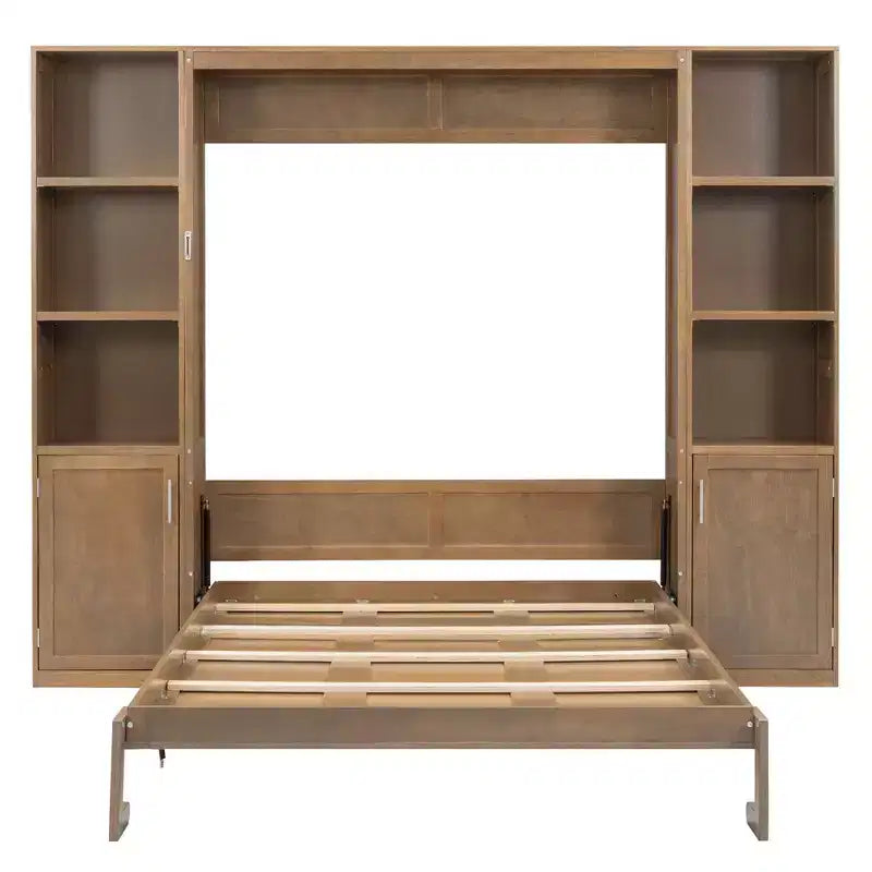 Cama Murphy tamaño queen con gabinetes, cama de gabinete de madera tamaño queen, cama de pared con estantes de almacenamiento, cama de baúl plegable para dormitorio, habitación de invitados, madera