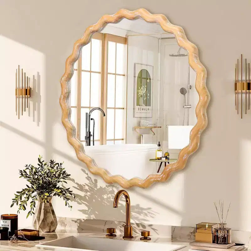 Espejo de pared ondulado redondo de 28 pulgadas, espejo decorativo con acabado de madera festoneada blanqueada para sala de estar, tocador de baño - Panipeachy