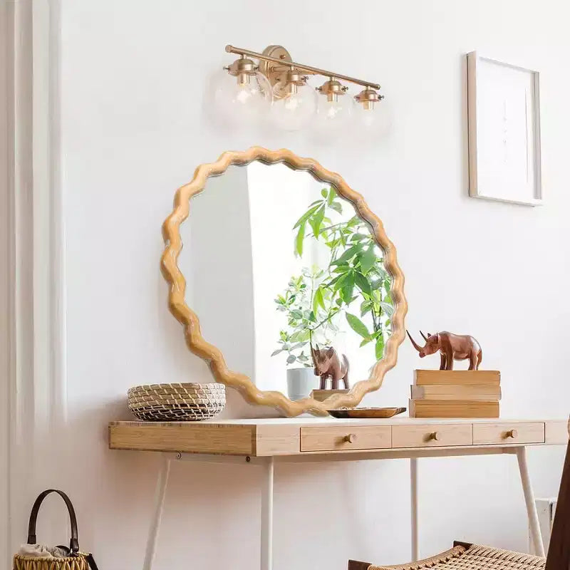 28 Round Wavy Wall Mirror, Whitewashed Scalloped Wood Finish Decorative Mirror for Living Room, Bathroom Vanity - Panipeachy