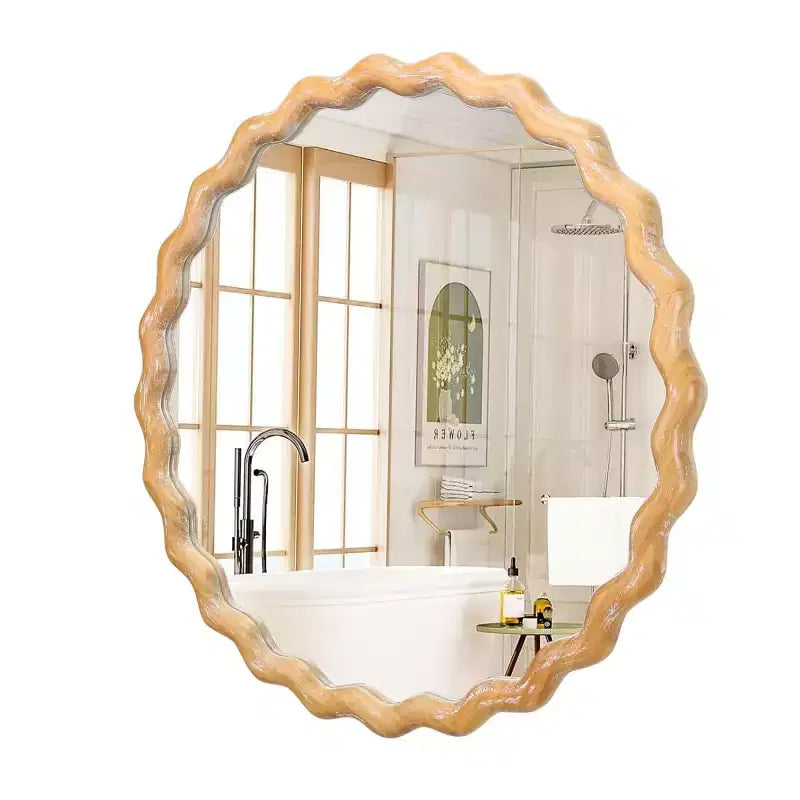 28 Round Wavy Wall Mirror, Whitewashed Scalloped Wood Finish Decorative Mirror for Living Room, Bathroom Vanity - Panipeachy