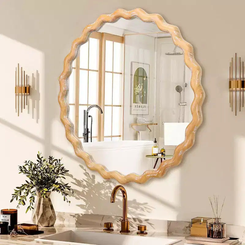 Espejo de pared ondulado redondo de 28 pulgadas, espejo decorativo con acabado de madera festoneada blanqueada para sala de estar, tocador de baño - Panipeachy