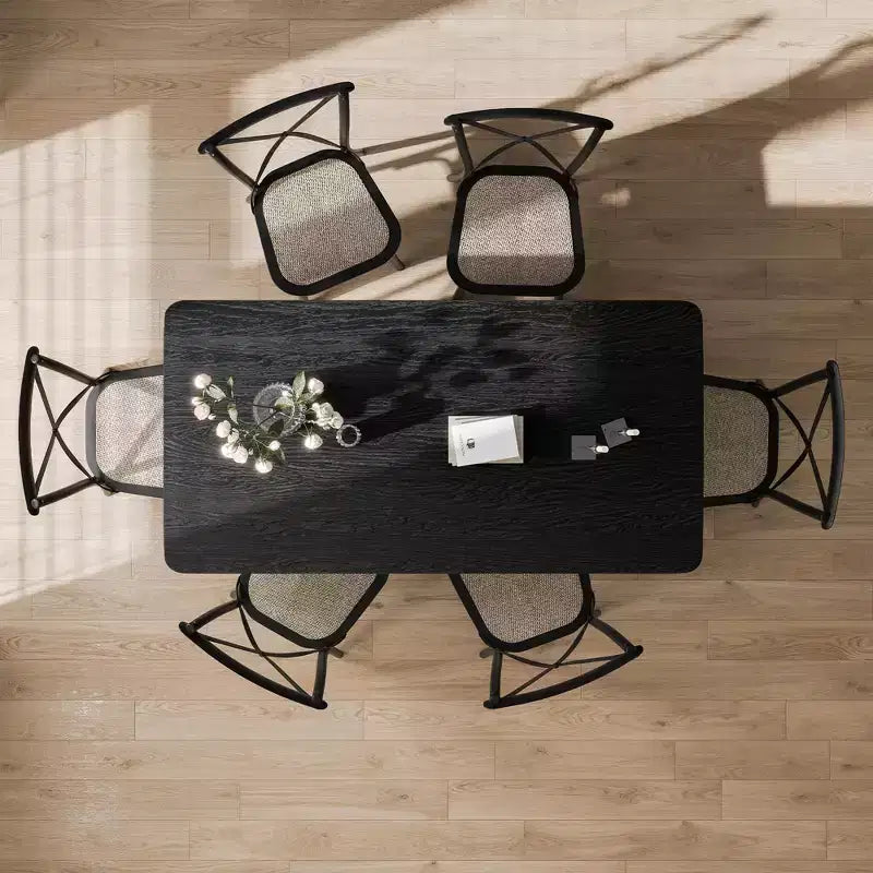 Mesa de Comedor de Casa de Campo de Madera Maciza de 170 x 85 cm con Patas en Forma de V y Tablero Cuadrado de Madera para Comedores Modernos y Reuniones Familiares, Color Negro