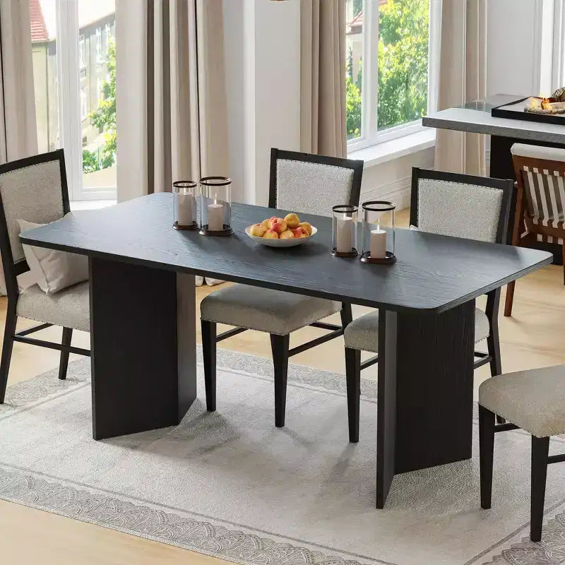Mesa de Comedor de Casa de Campo de Madera Maciza de 170 x 85 cm con Patas en Forma de V y Tablero Cuadrado de Madera para Comedores Modernos y Reuniones Familiares, Color Negro
