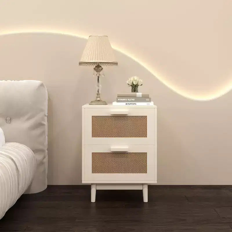 Rattan Nightstand with 2 Drawers, Wood Bedside Table with Faux Rattan Fronts, Storage End Table, Burly Wood