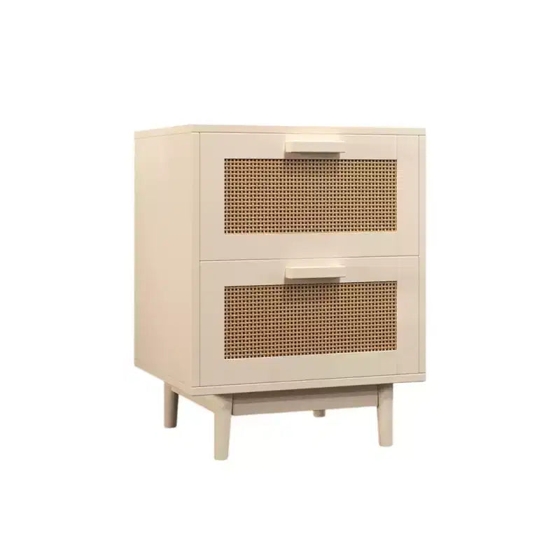 Mesita de Noche de Ratán con 2 Cajones, Mesita Auxiliar de Madera con Frentes de Imitación de Ratán, Mesa de Almacenamiento, Madera Clara