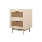 Mesita de Noche de Ratán con 2 Cajones, Mesita Auxiliar de Madera con Frentes de Imitación de Ratán, Mesa de Almacenamiento, Madera Clara
