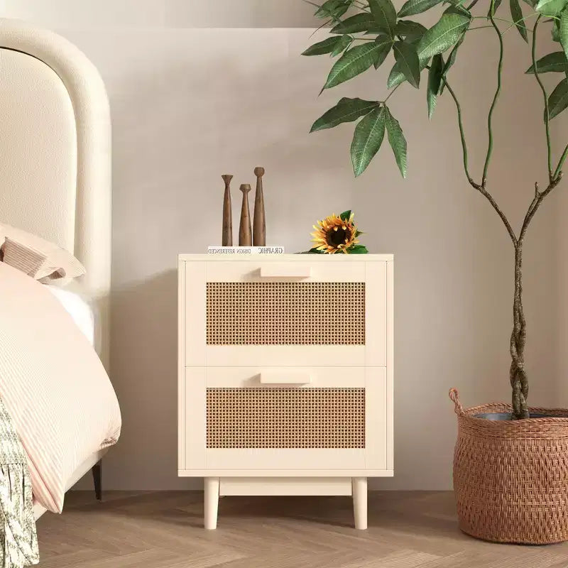 Mesita de Noche de Ratán con 2 Cajones, Mesita Auxiliar de Madera con Frentes de Imitación de Ratán, Mesa de Almacenamiento, Madera Clara