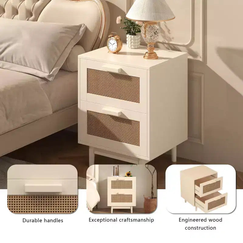 Mesita de Noche de Ratán con 2 Cajones, Mesita Auxiliar de Madera con Frentes de Imitación de Ratán, Mesa de Almacenamiento, Madera Clara