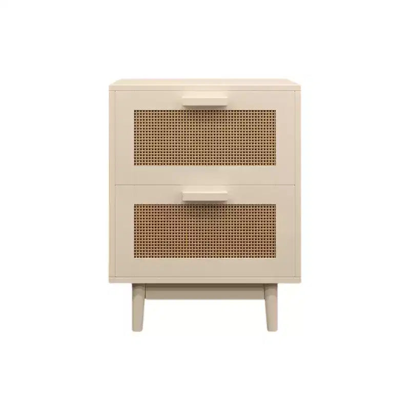 Mesita de Noche de Ratán con 2 Cajones, Mesita Auxiliar de Madera con Frentes de Imitación de Ratán, Mesa de Almacenamiento, Madera Clara