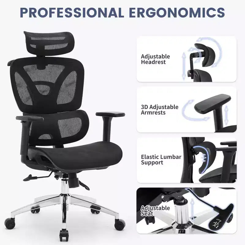 Silla de oficina de malla ergonómica premium con reposacabezas ajustable, soporte lumbar, reposabrazos 3D, diseño transpirable para el hogar y la oficina