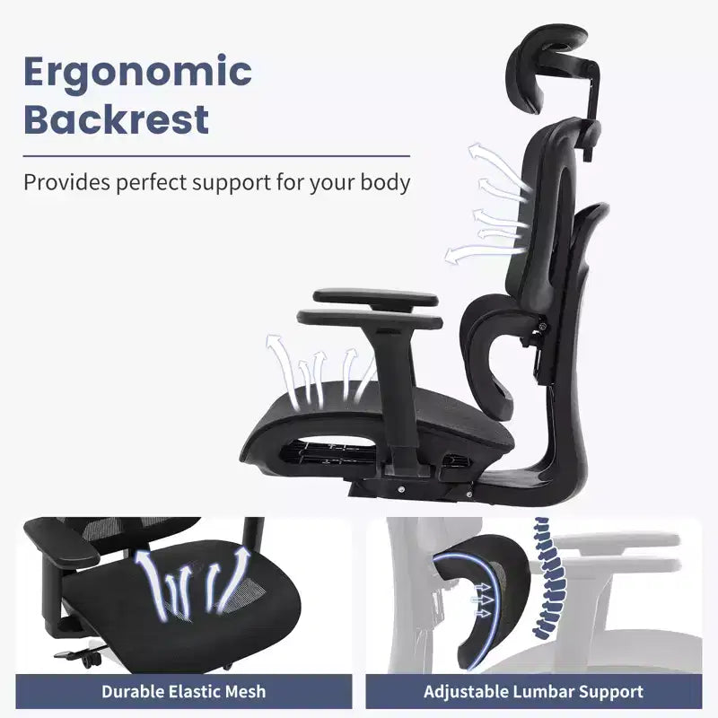 Premium Ergonomic Mesh Office Chair with Adjustable Headrest, Lumbar Support, 3D Armrests, Breathable Design for Home & Office