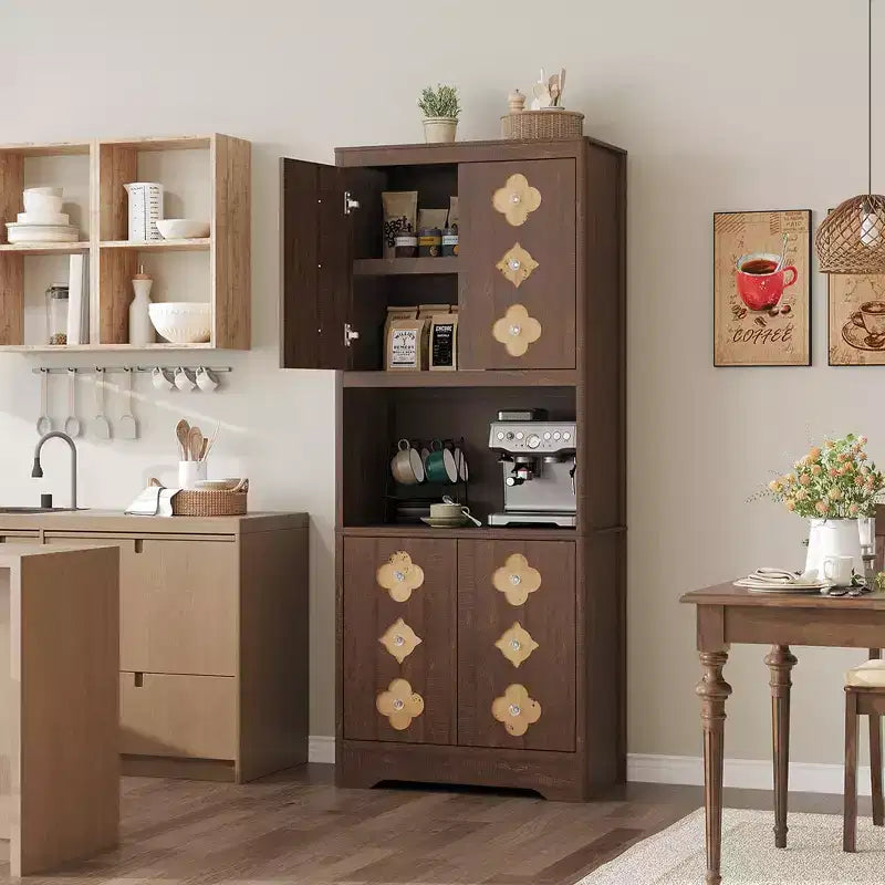 Mueble de despensa de 183 cm, vitrina de cocina con encimera para microondas, armario de madera para comedor, sala de estar